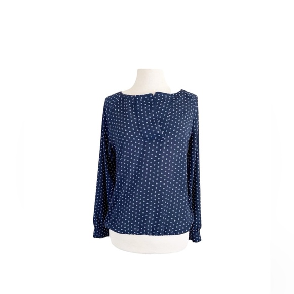 LOFT Sz Medium Navy White Blouse Polka Dot - Picture 1 of 9